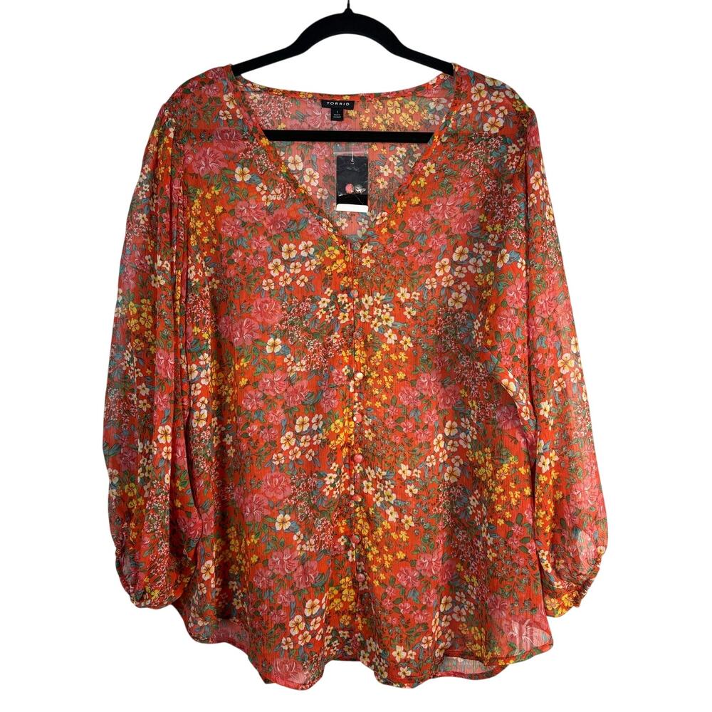 Torrid Floral Boho Chiffon Button Front V-Neck Blouse Orange Plus Size 1X NEW